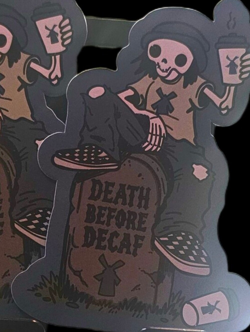 💀💀Set Of ✌️2 DUTCH BROS " Death Before Decaf Skeleton " STICKERS ✨️NWT✨️